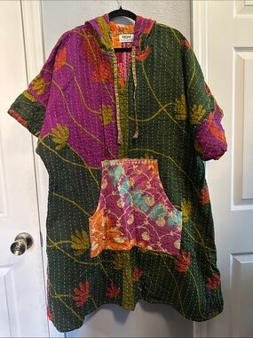 S1OAK Multicolor Patchwork Hooded Kantha Jacket - Green, Purple, Orange